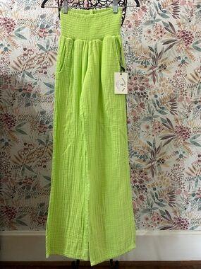 NEW ELECTRIC & ROSE Gauze Beach Pant in Lime Green XS Cotton Wide Leg Casual
